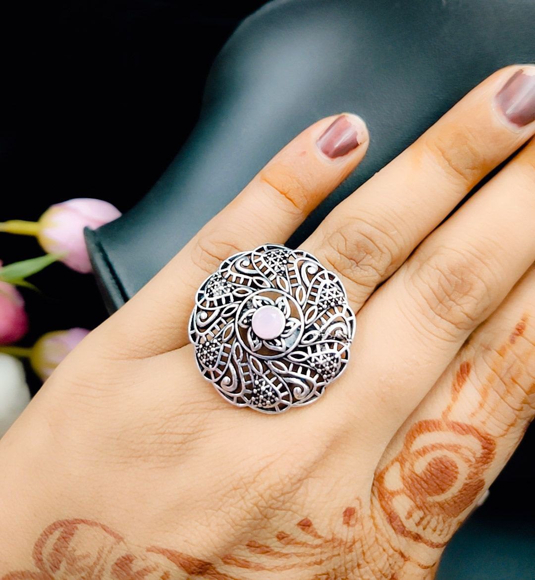 Oxidised Round Design Adjustable Ring