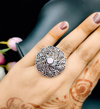 Oxidised Round Design Adjustable Ring