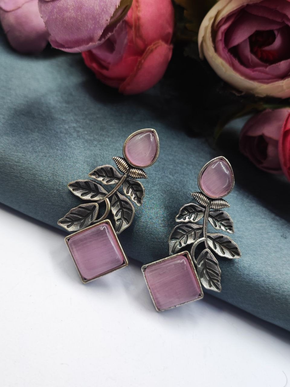 Designer Leaf Earrings With Monalisa Silver Replica Stud Earring