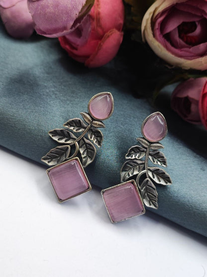Designer Leaf Earrings With Monalisa Silver Replica Stud Earring