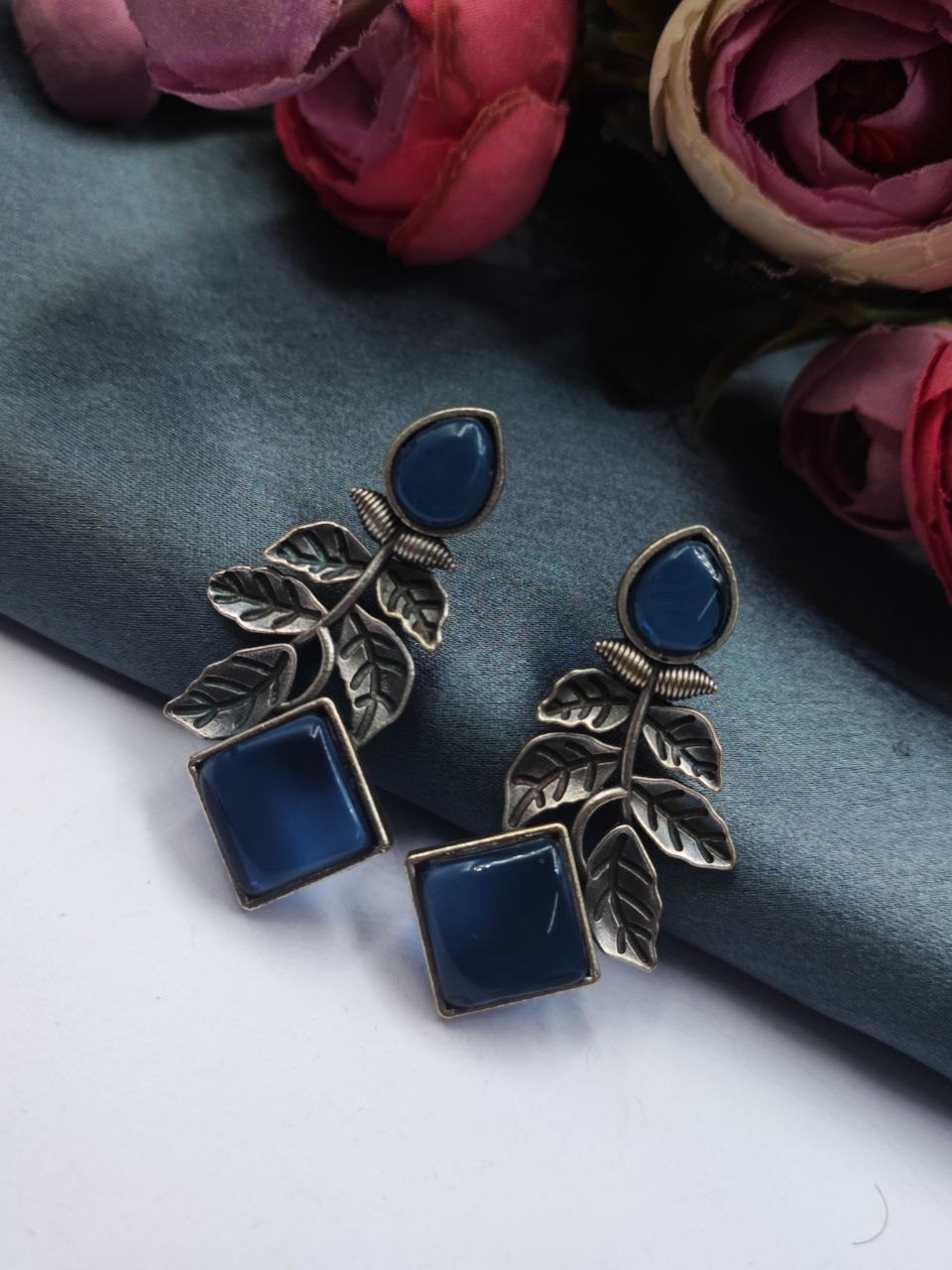Designer Leaf Earrings With Monalisa Silver Replica Stud Earring