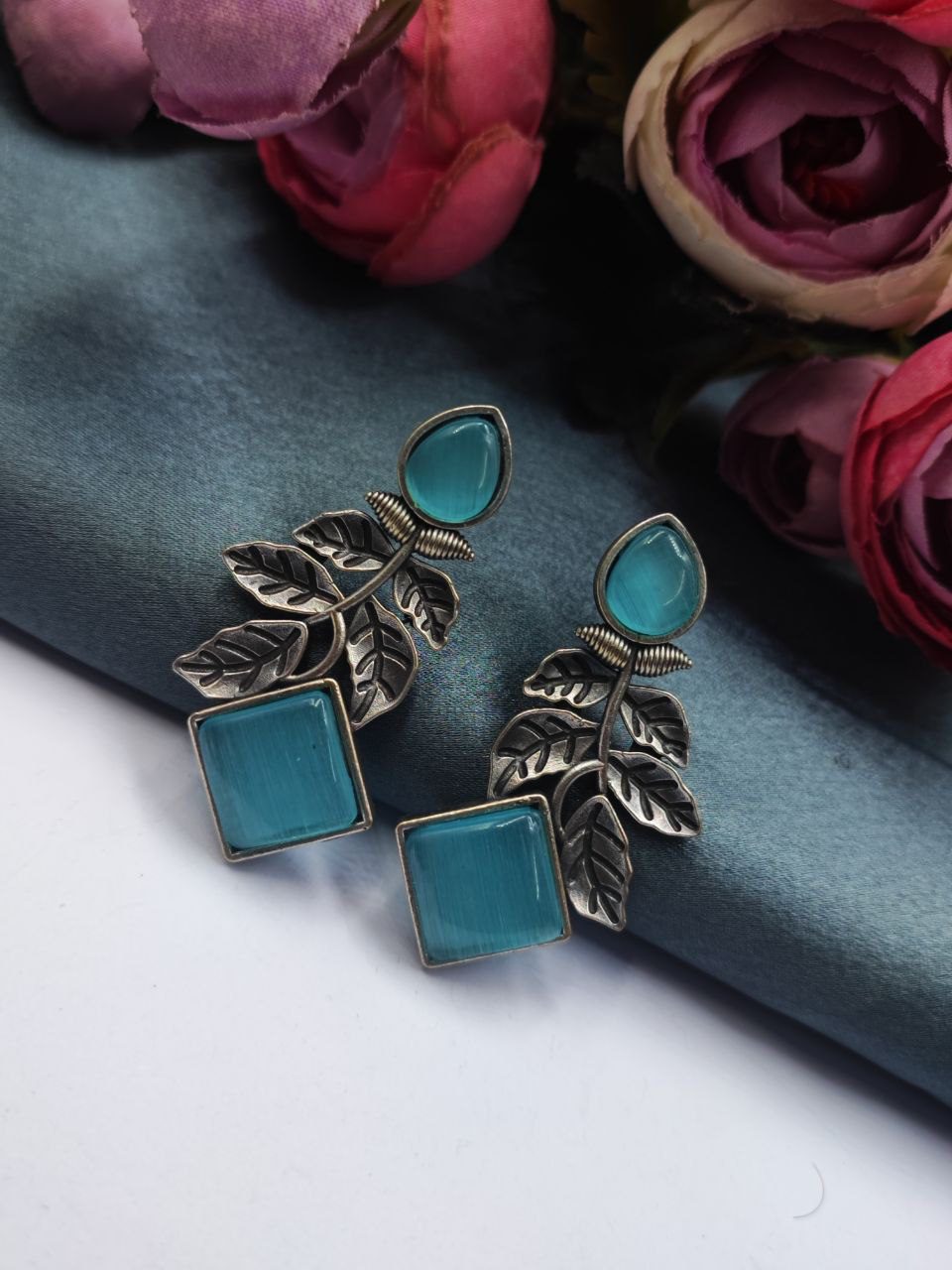 Designer Leaf Earrings With Monalisa Silver Replica Stud Earring