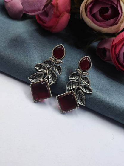Designer Leaf Earrings With Monalisa Silver Replica Stud Earring