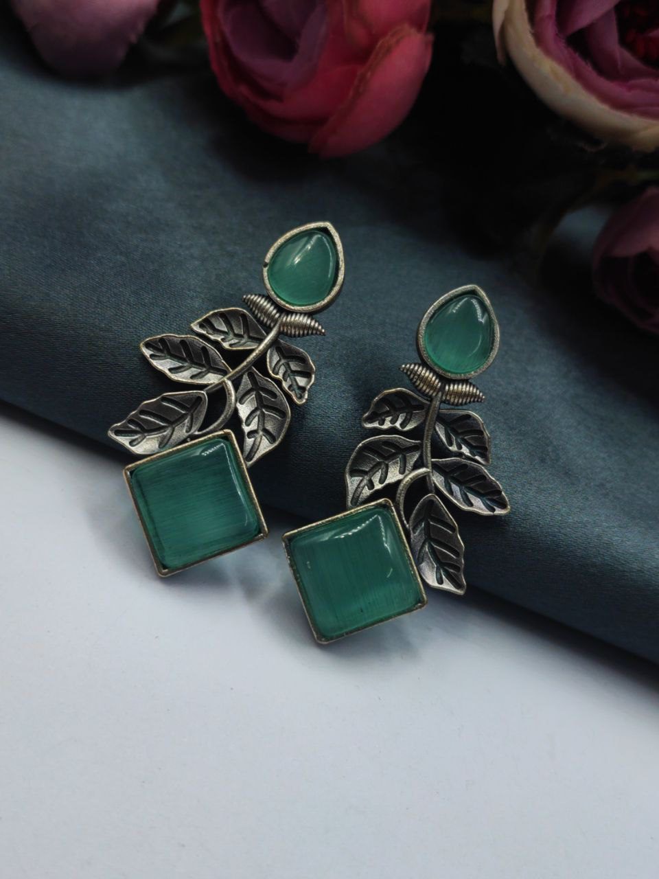 Designer Leaf Earrings With Monalisa Silver Replica Stud Earring