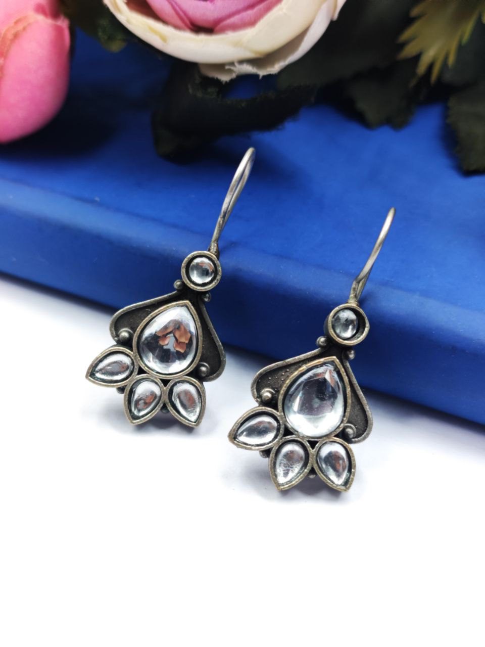 Designer Oxidised Stone Work Hook Earrings