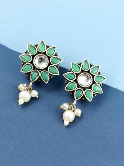 Silver Replica Flower Studs With Pearl Beads