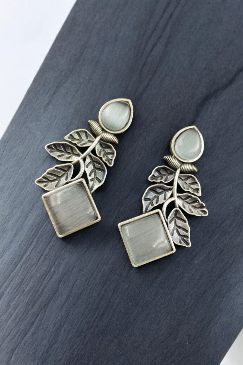 Designer Leaf Earrings With Monalisa Silver Replica Stud Earring