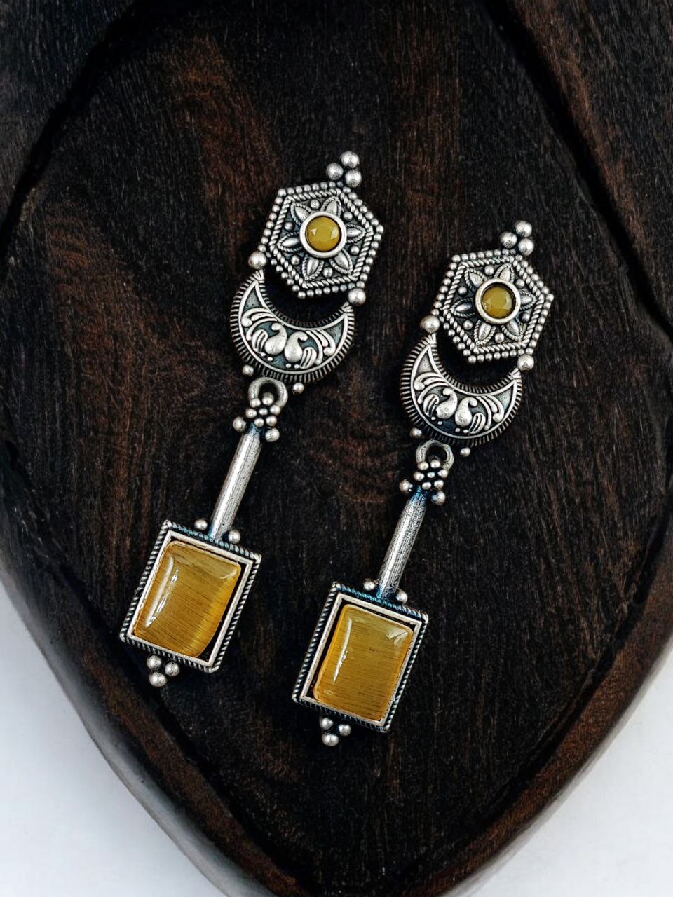 Traditional Silver Replica Dangler Stone Earrings