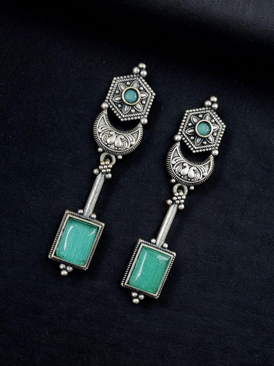 Traditional Silver Replica Dangler Stone Earrings