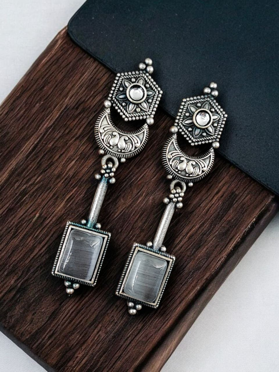 Traditional Silver Replica Dangler Stone Earrings