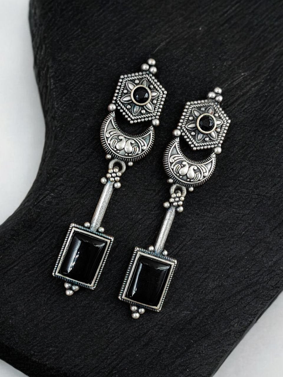 Traditional Silver Replica Dangler Stone Earrings