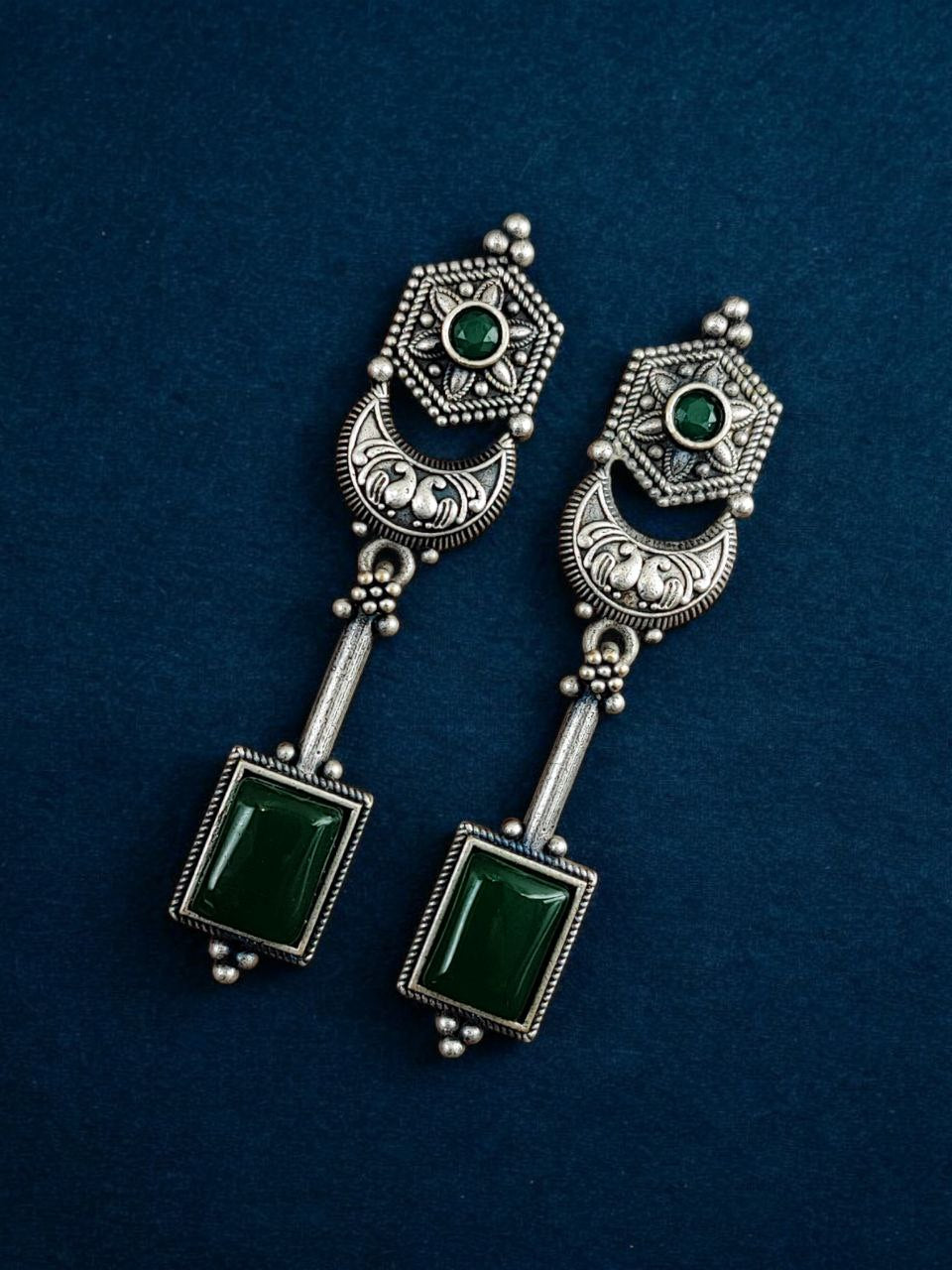 Traditional Silver Replica Dangler Stone Earrings