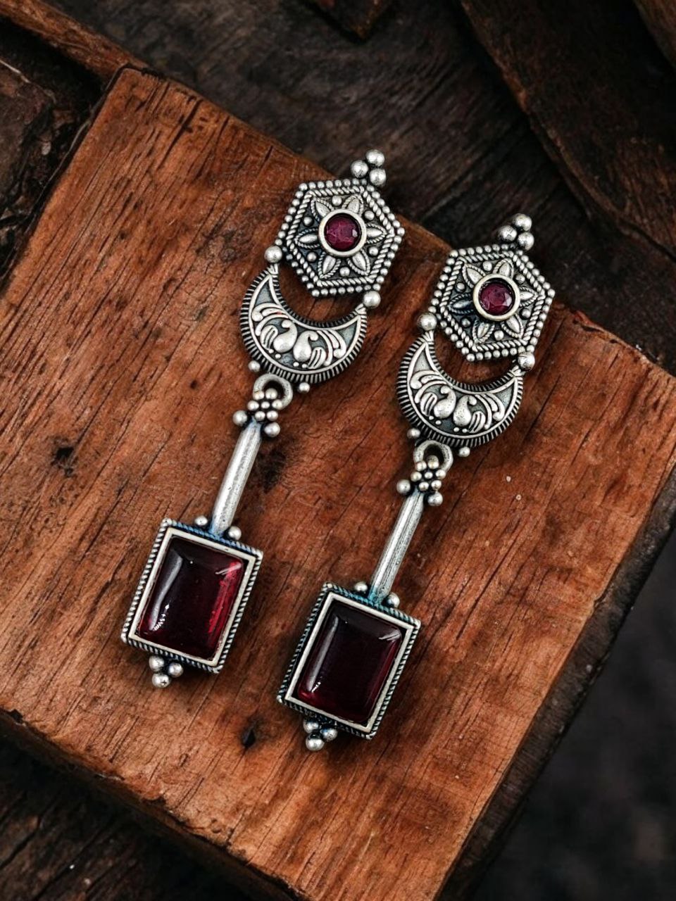 Traditional Silver Replica Dangler Stone Earrings