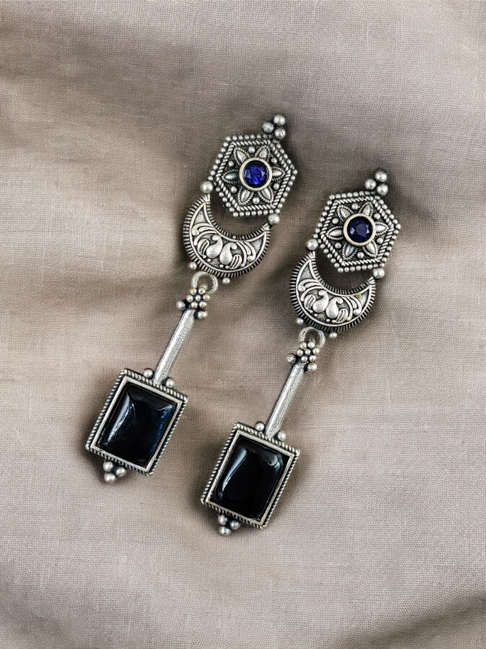 Traditional Silver Replica Dangler Stone Earrings