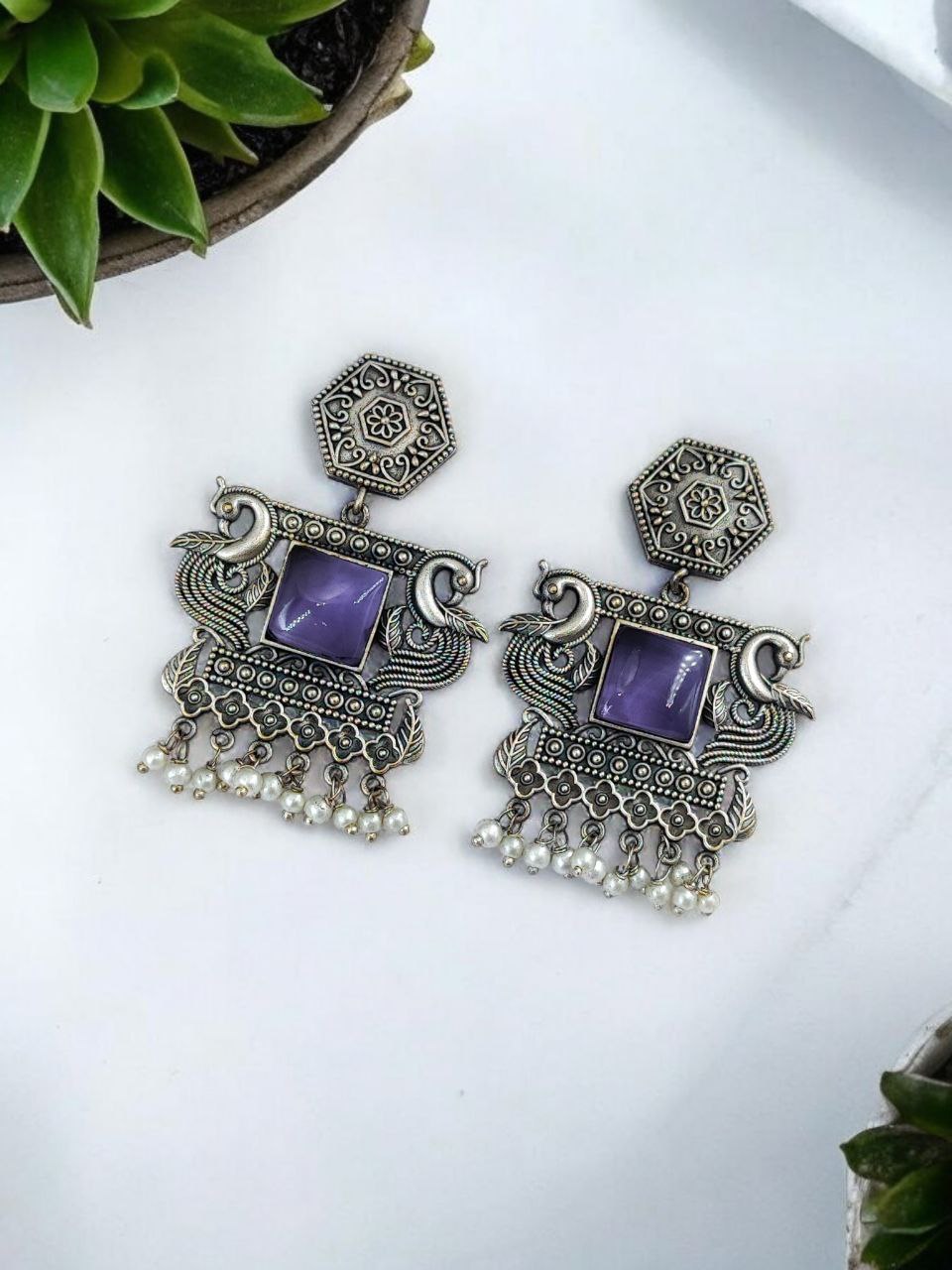 Monalisa Silver Replica Peacock Dangler Earring With Pearl Beads