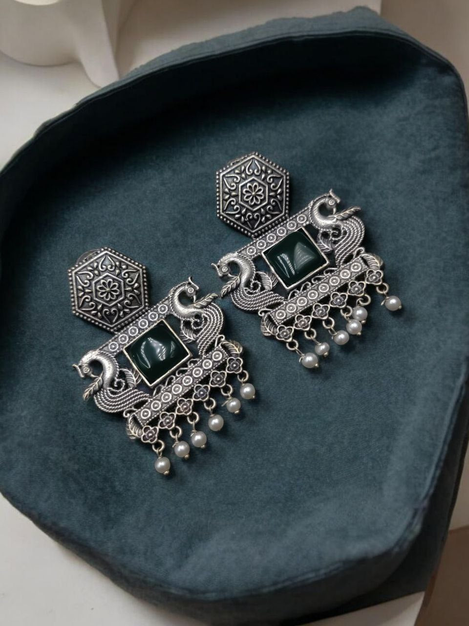 Monalisa Silver Replica Peacock Dangler Earring With Pearl Beads