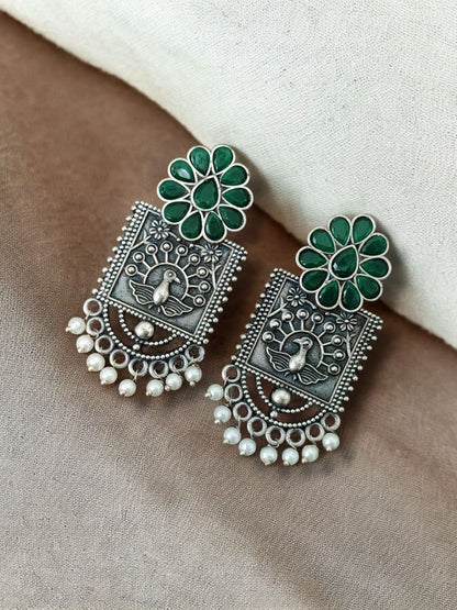 Silver Replica Peacock Antique Stone Stud Earrings